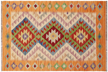 Flat Weave Kilim, Antique, Navaho, Vintage, Handmade, Geometric Kilim Beige Blue Hand-Woven Rectangle 100% Wool Area Rug 3 x 4